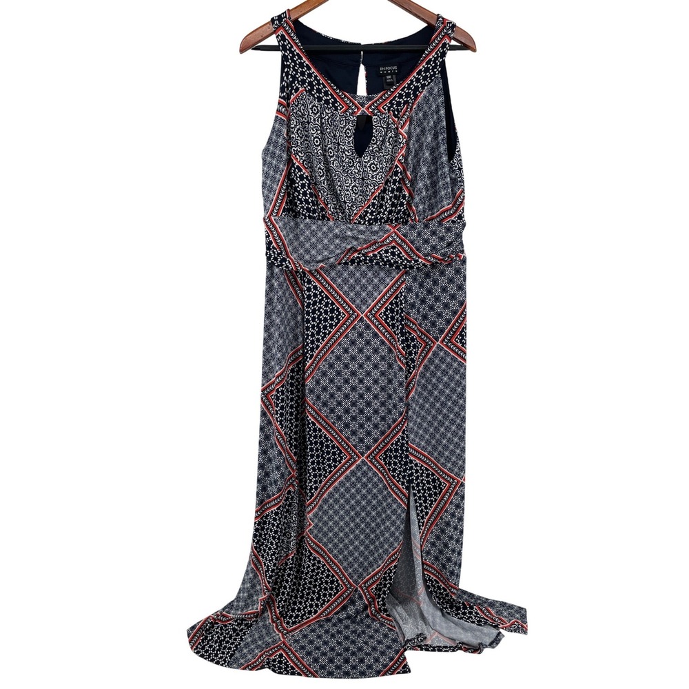 Sleeveless Maxi Dress Women 18W Navy Boho Artsy Patchwork Comfort Keyhole Slit